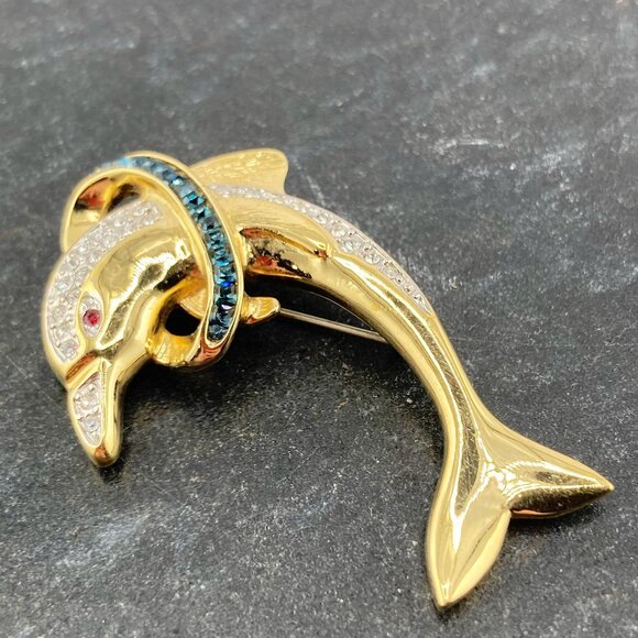 BUTLER Vintage gold tone metal leaping dolphin brooch ~ Signed rhinestone pin - Picture 7 of 10